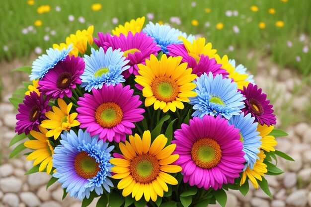 A bunch of colorful flowers in front of a green field