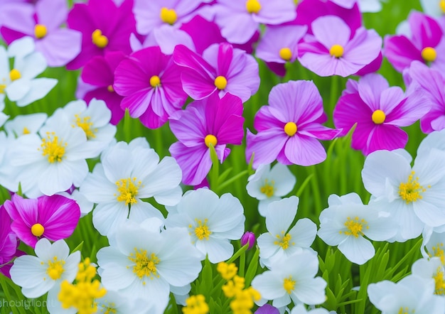 A bunch of colorful flowers with one that says'spring'on it