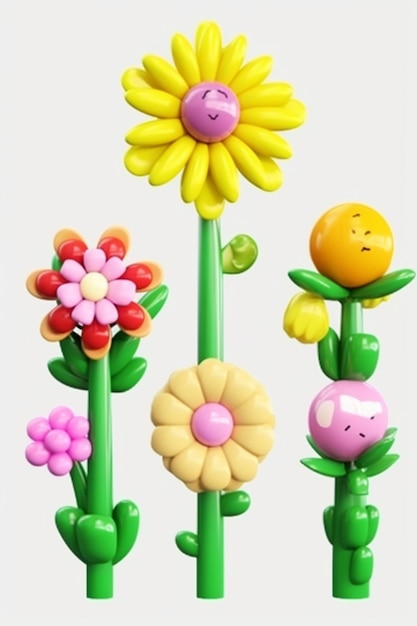 A bunch of colorful flowers with a smiley face on them