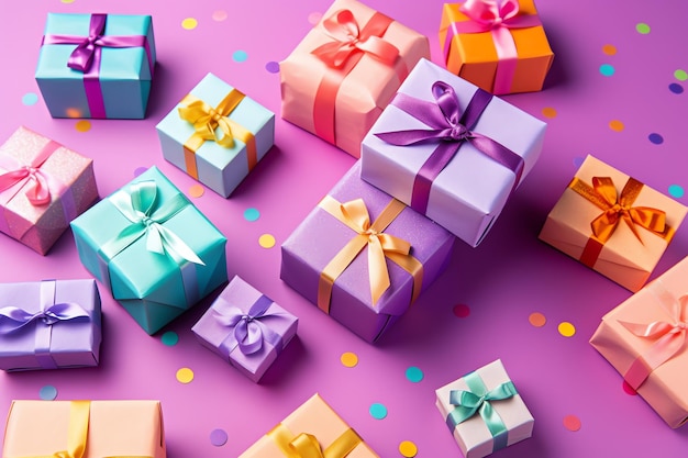 A bunch of colorful gift boxes with the words happy birthday on them.