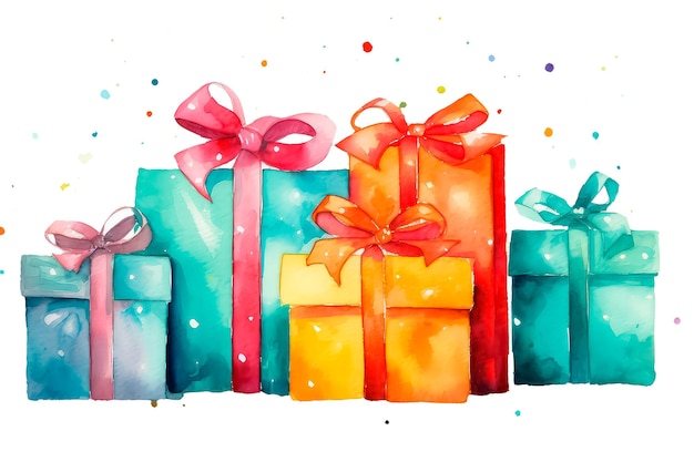 A bunch of colorful gifts with ribbons Christmas and New Year's theme in watercolor style isolate on white