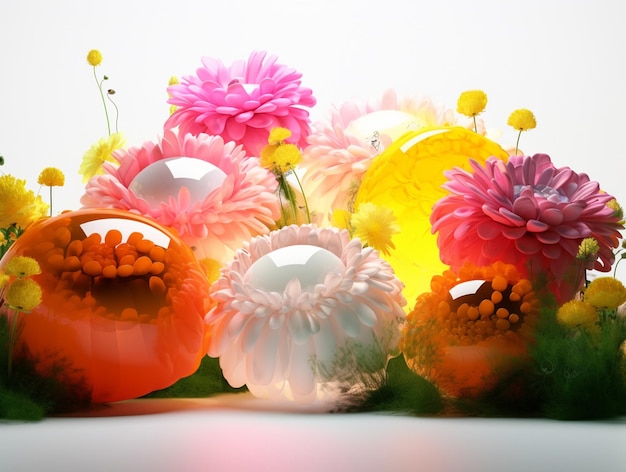 Куча разноцветных стеклянных ваз с цветами.