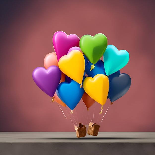 Куча разноцветных воздушных шаров в форме сердца со словом «любовь» на них.