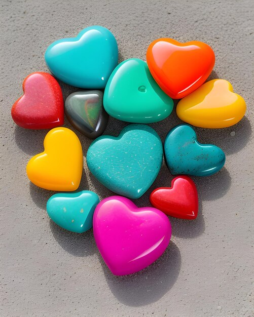 A bunch of colorful hearts are on a gray background