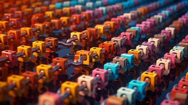 A bunch of colorful keys are arranged on a table.