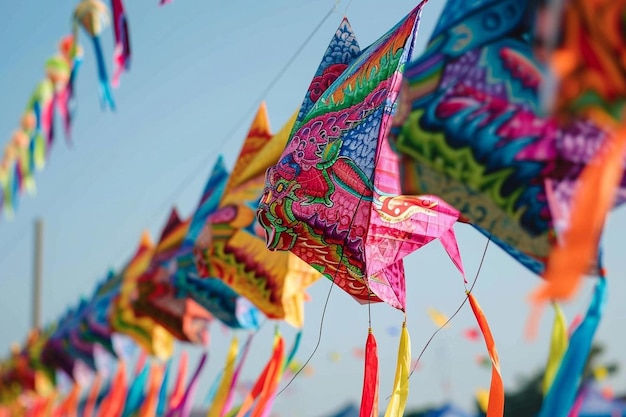 A bunch of colorful kites hanging from a string