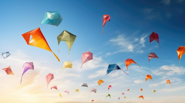 A bunch of colorful kites soaring in the sky