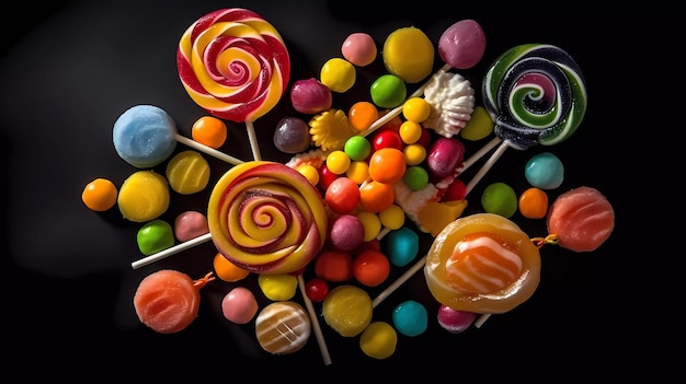 A bunch of colorful lollipops on a black background