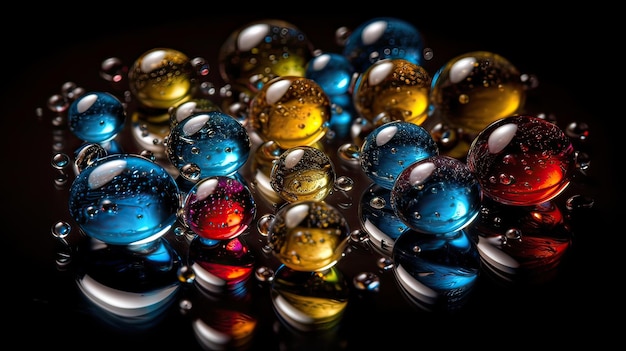 A bunch of colorful marbles on a black surface
