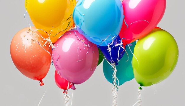 A bunch of colorful party balloons on white background generative ai