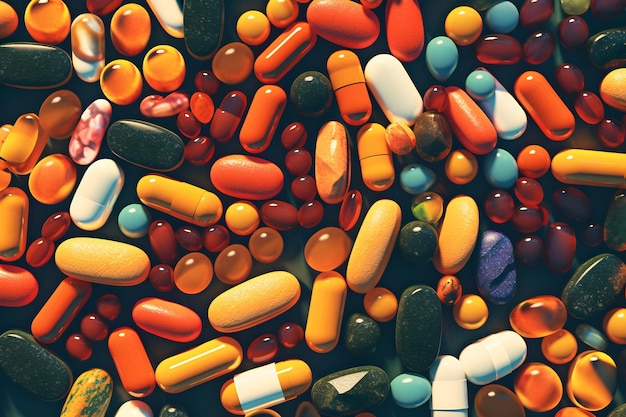 A bunch of colorful pills are on a black background