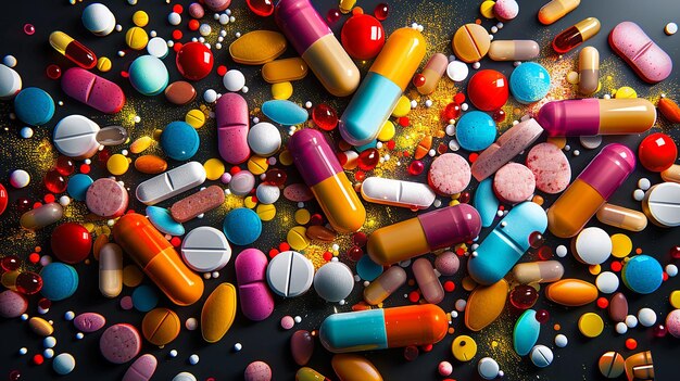 a bunch of colorful pills are on a black surface