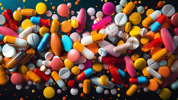 a bunch of colorful pills are in a pile of different colors