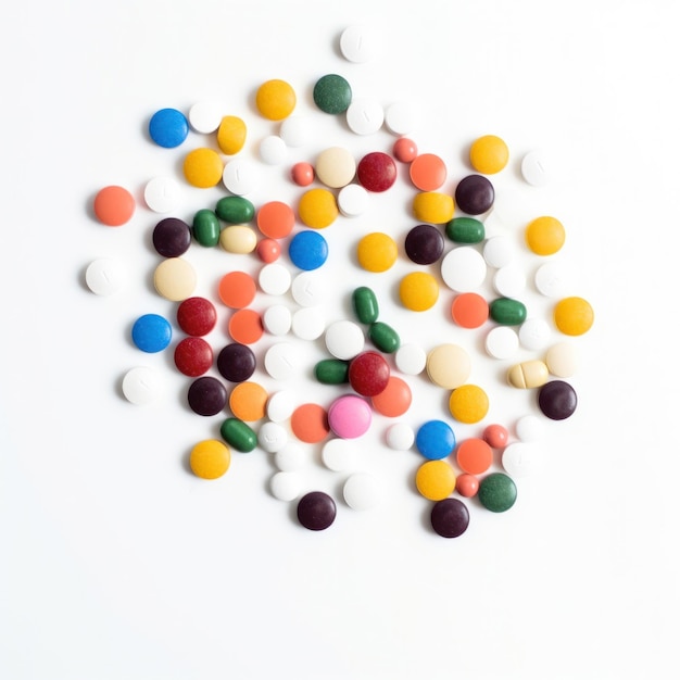 A bunch of colorful pills are on a white background.