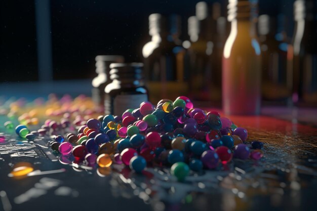 A bunch of colorful plastic balls are scattered on a table.