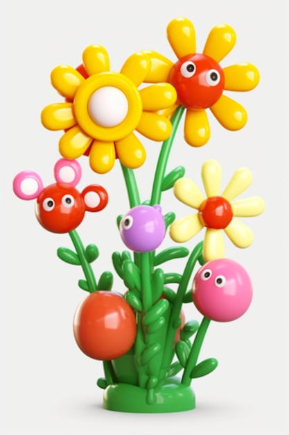 A bunch of colorful plastic flowers with a mouse and a mouse on it.