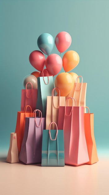 A bunch of colorful shopping bags with a bunch of balloons on them