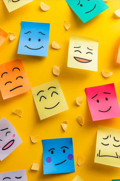 A bunch of colorful sticky notes with different facial expressions on them