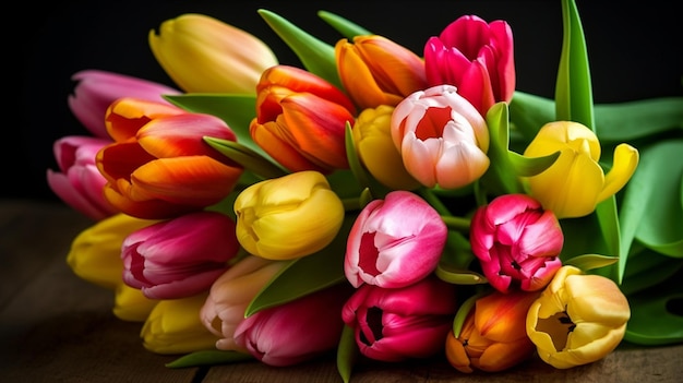 A bunch of colorful tulips on a black background