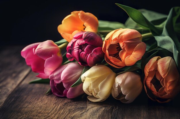 A bunch of colorful tulips on a wooden table