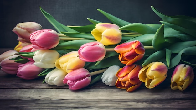 A bunch of colorful tulips on a wooden table