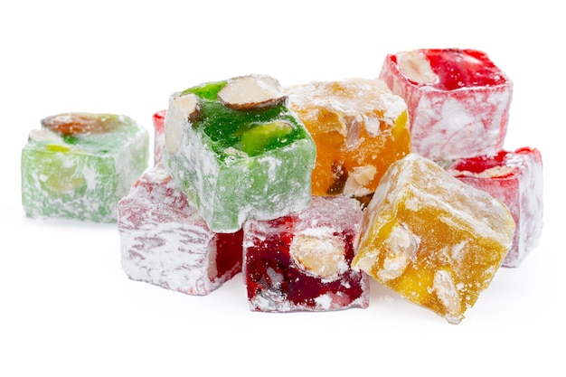 Bunch of colorful turkish delight sweets isolated on white