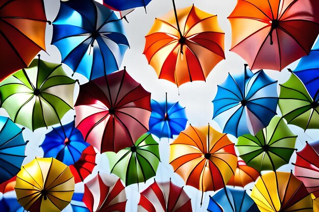 A bunch of colorful umbrellas that are on a ceiling