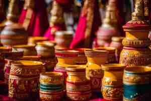 Photo a bunch of colorful vases are on a table