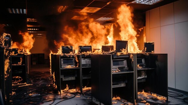 Photo a bunch of computers are on fire in a room