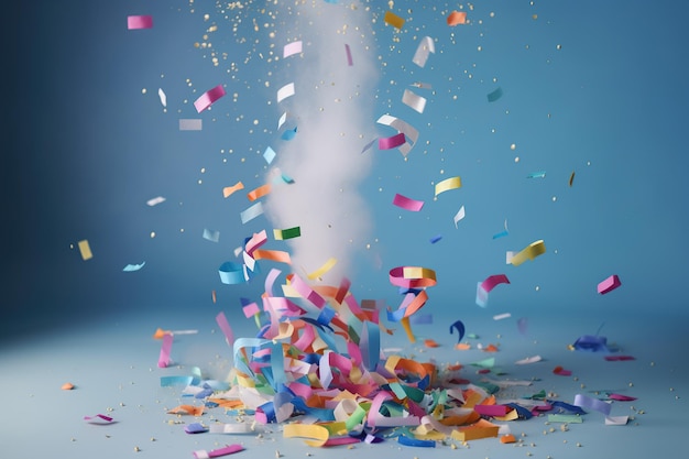 A bunch of confetti that is falling down on a blue background