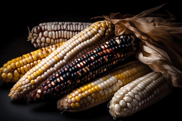 A bunch of corn with different colors and the same color as the corn.