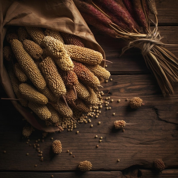 A bunch of corn on a wooden table