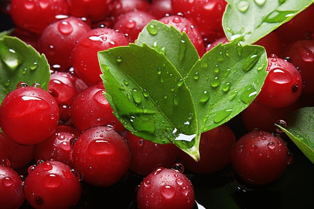 a bunch of cranberries with water drops on them.