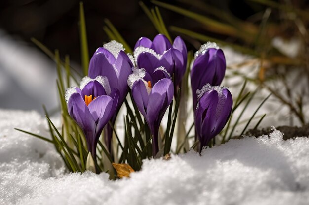 雪の中のクロッカスの花の束