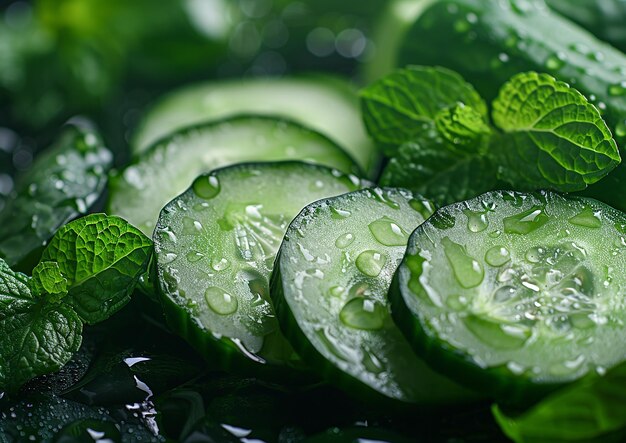 a bunch of cucumber slices with water drops on them