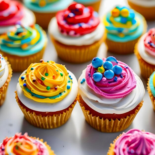 Photo a bunch of cupcakes with colorful icing and colorful decorations