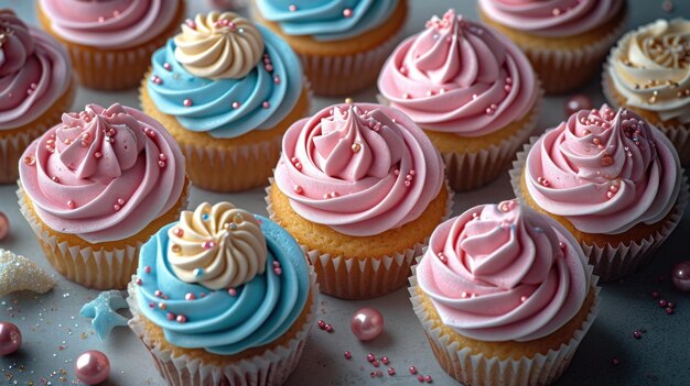 A bunch of cupcakes with pink and blue frosting