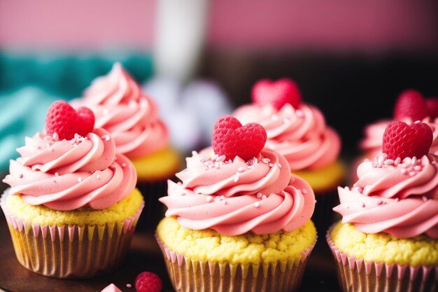 A bunch of cupcakes with pink frosting and a raspberry on top