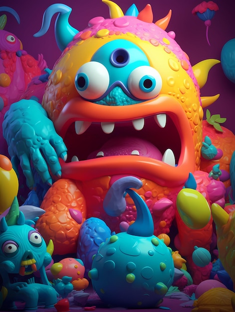 A bunch of cute monsters colorfull 3d rendering generated ai