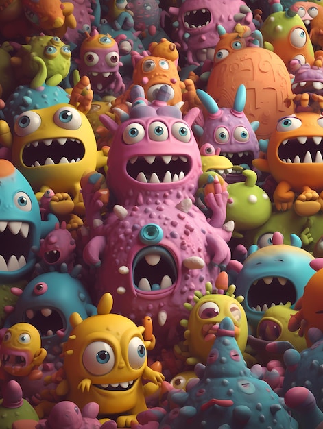 A bunch of cute monsters colorfull 3d rendering generated ai
