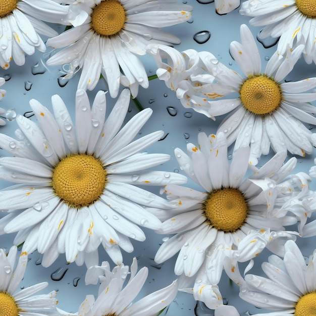 A bunch of daisies are on a blue table with the word love on it