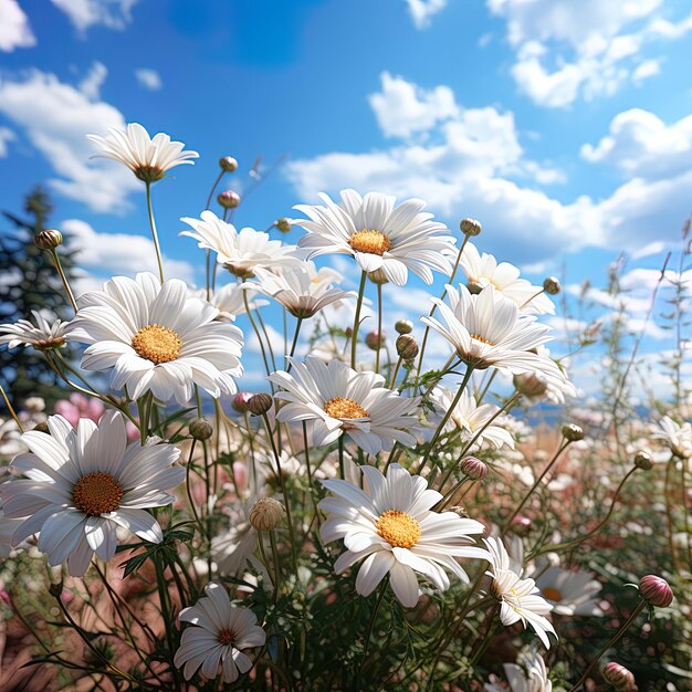 a bunch of daisies are in a field with a sky in the background