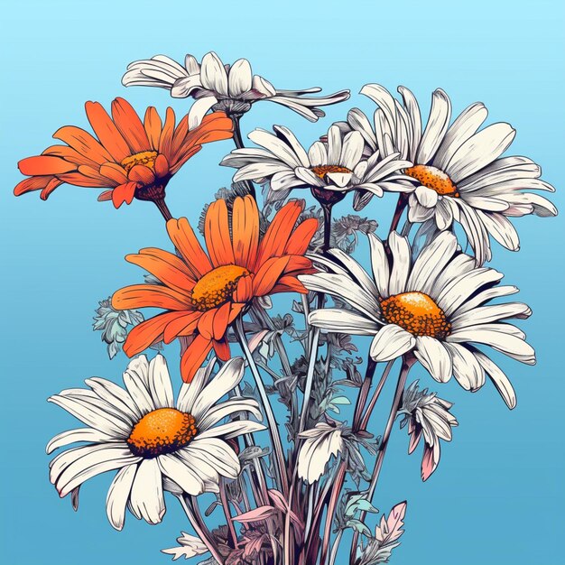 A bunch of daisies are in a vase with one of them being a flower.