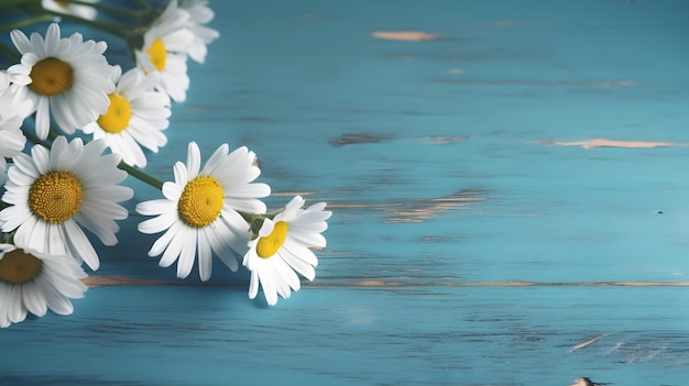 A bunch of daisies on a blue wooden table