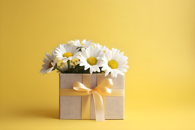 A bunch of daisies in a box on a yellow background