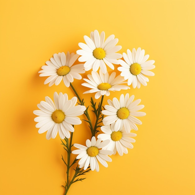 A bunch of daisies that are on a yellow surface