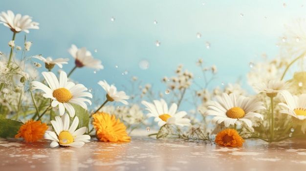 A bunch of daisies with a blue sky in the background