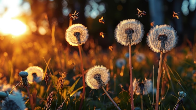 Photo bunch of dandelions in the grass