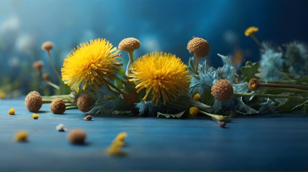 Photo a bunch of dandelions with a blue background