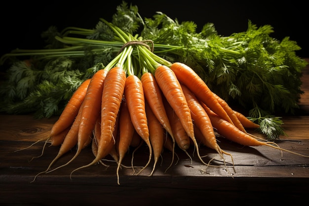 bunch of delicious carrots on wooden table